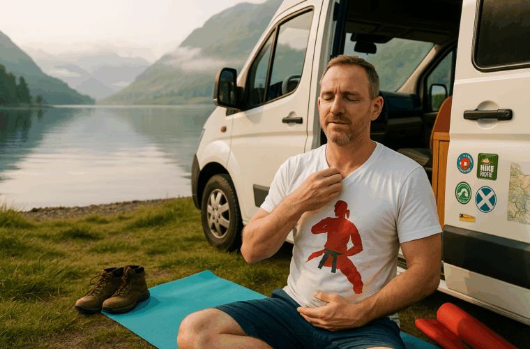 Tapping Nomad Home Page - Ian Hollinsworth tapping outdoors beside a lake with a campervan in the background